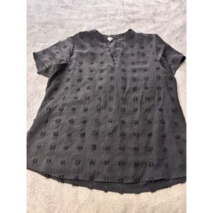 Black Textured Dot Tunic Top Women XL Short Sleeve V Neck